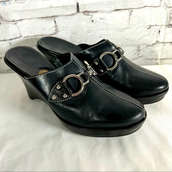 Cole Haan Shoes - COLE HAAN Black Leather Mules Shoes Size 8.5 Wedge EUC Silver Hardware